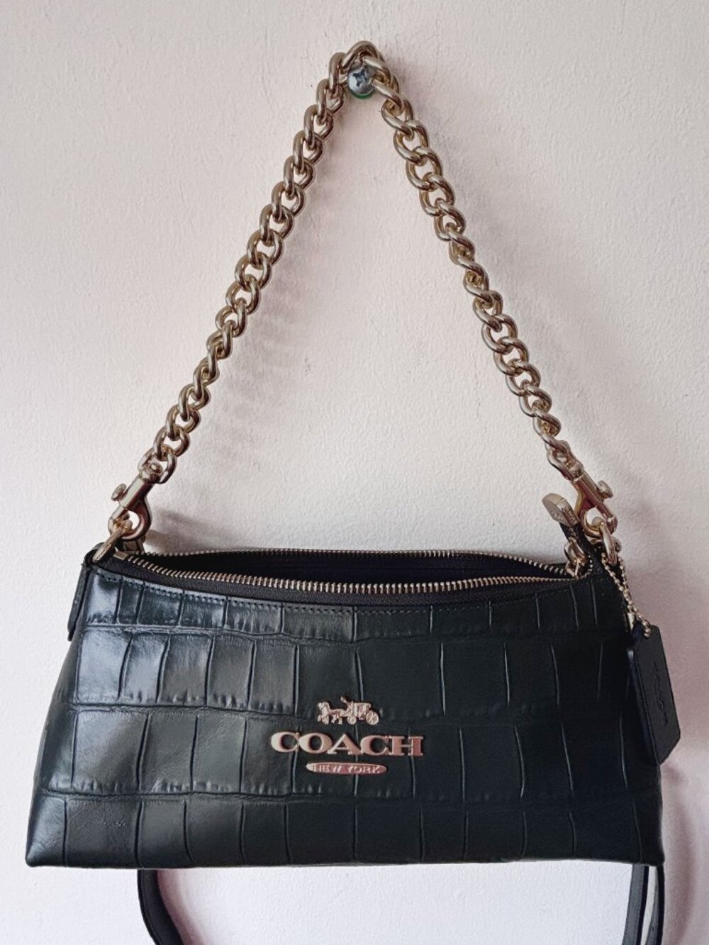Coach Charlotte Shoulder Bag Dark Green Croc Embossed Leather Gold Chain LikeNew
